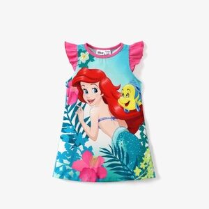 Disney princess Ariel Girl Character Print Floral Ruffled-Sleeve Dress